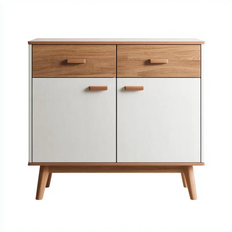 Wohnzimmerschrank mit 2 Türen und 2 Schubladen Weiß Eiche 100 x 40 x 100 cm MDF Eichenfurnier rechteckig